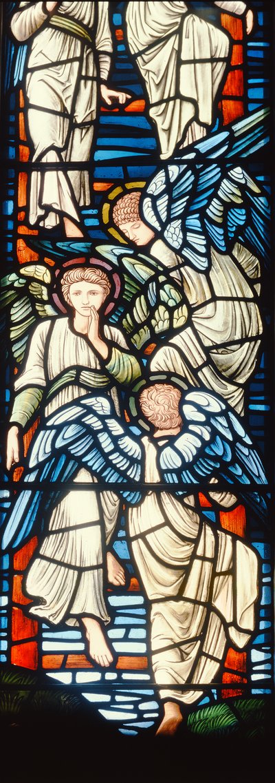 Änglar som klättrar och går ner, detalj av Jacobs Ladder målat glas detalj av 120160 av Edward Burne Jones