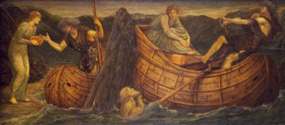 Amor och psyke - Palace Green Murals - Psyche ger myntet till färjemannen på Styx, 1881 av Edward Burne Jones