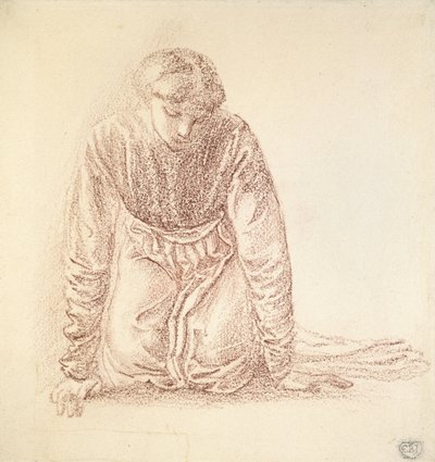 Knästående figur av en kvinna (mörkröd krita på vitt papper) av Edward Burne Jones