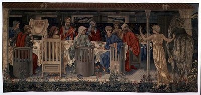 Quest for the Holy Grail Tapestries, Panel 1, Knights of the Round Table kallad to the Quest by the Strange Damsel, 1898-1899 av Edward Burne Jones