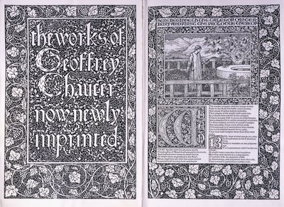 Titelsida och inledande sida från Kelmscott Press-utgåvan av "The Works of Geoffrey Chaucer", 1896 av Edward Burne Jones