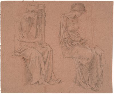 Två studier av en sittande flicka som spelar en cittra av Edward Coley Burne Jones