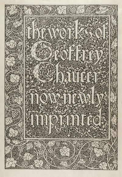 Titelsida, från The Works of Geoffrey Chaucer nu nytryckt, graverad av William Morris (1834-96) 1896 av Edward Coley after Burne Jones