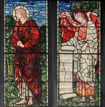 Birmingham, Acocks Green, St Mary The Virgin, Morris & Co., Edward Burne-Jones, John Henry Dearle (1859-1932), St John & Angel with Scroll, 1895 av Edward Coley and Dearle Burne Jones