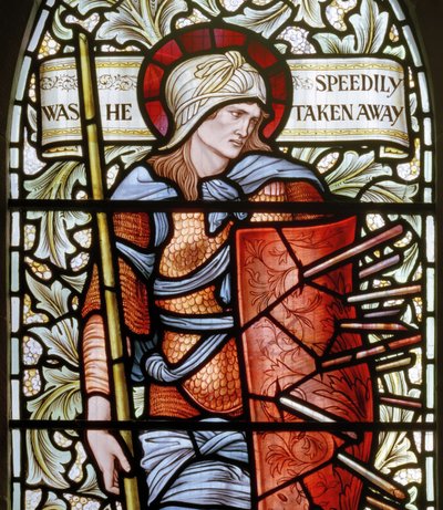 Wilden, All Saints, Morris & Co., Edward Burne-Jones, John Henry Dearle (1859-1932), Fortitude, detalj, 1902-1914, Louisa, Alfred, The Baldwins, premiärminister, metodist, Worcestershire, Arts & Craft av Edward Coley and Dearle Burne Jones