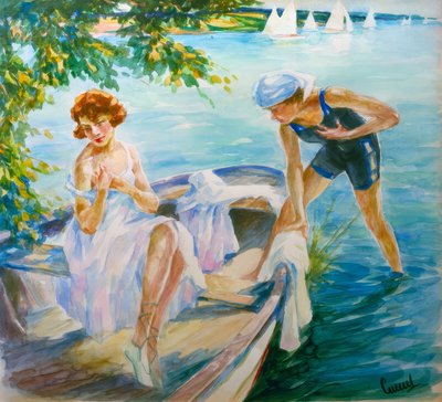 Sommardag vid sjön med två unga damer i en båt av Edward Cucuel