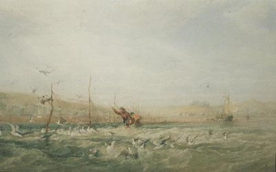 Fiskare som jagar måsar från näten, Mumbles, South Wales av Edward Duncan