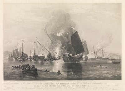 The Hon. E.I. Co. Iron Steam Ship Nemesis, ... med båtarna Sulphur, Calliope, Larne och Starling, förstörde de kinesiska krigsjunkarna i Anson