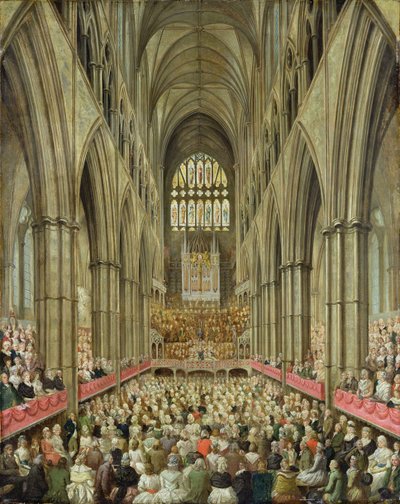 En interiörvy av Westminster Abbey vid minnet av Händels hundraårsjubileum, tagen från Manager