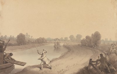 Paddington Canal: The Junction at Wormwood Scrubs, med en passagerare som hyllar Uxbridge Passage Boat av Edward Francis Burney