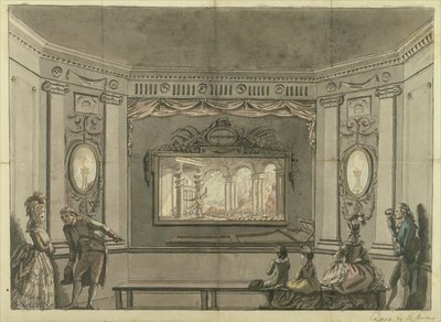 Målning av de Loutherbourgs Eido Phusikon som visar Satan väcka de rebelliska änglarna av Edward Francis Burney