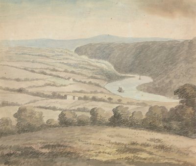 Flodlandskap med båtar av Edward Francis Burney