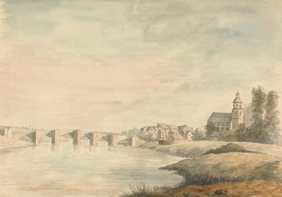 Flodlandskap med bro av Edward Francis Burney