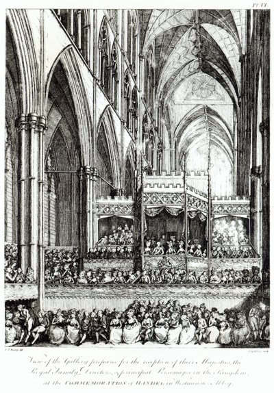 Utsikt över galleriet förberett för mottagandet av deras majestäter den kungliga familjen, direktörer och huvudpersoner i kungariket vid minnet av Handel i Westminster Abbey, graverad av Joh av Edward Francis Burney