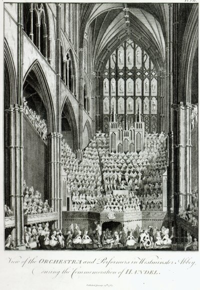 Utsikt över orkestern och artisterna i Westminster Abbey, under minnet av Handel, publicerad av Charles Burney, 1785 av Edward Francis Burney
