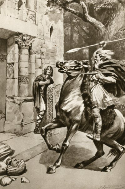 Översteprästen Coifi rider uppför Goodmanham Lane för att krossa idolerna, illustration från "Little Treasure Island" av Arthur Mee