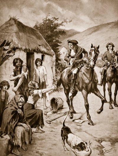 Irländskt liv, ca 1710, illustration från "Hutchinson
