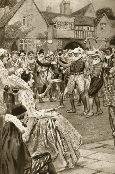 Drottning Ellizabeth I underhålls av gycklare (litografi) av Edward Frederick Skinner