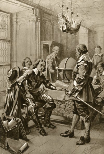Robert Blake besöker Oliver Cromwell i rådssalen i Whitehall (litografi) av Edward Frederick Skinner