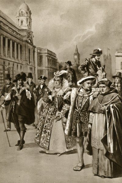 Londons gator: Kung Charles I, drottning Elizabeth I, kung Henry VIII, kardinal Wolsey (litografi) av Edward Frederick Skinner