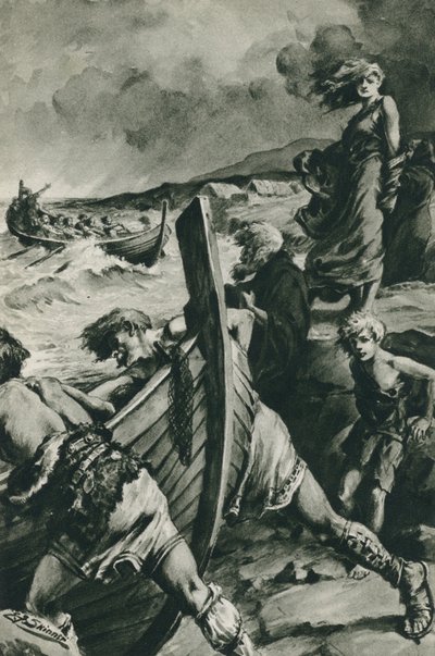 Vikingarna som seglade ut från Norges fjordar och hittade Amerika långt före Columbus (litografi) av Edward Frederick Skinner