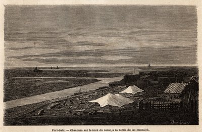 Port Said-varven, på kanten av Suezkanalen, vid dess utlopp från Lake Menzaleh, ritning av Grenet, för att illustrera en utflykt till Suezkanalen, 1862, av Paul Merruau. Gravyr i "" Le tour du monde"", redigerad av Edouard Charton av Edward Grenet