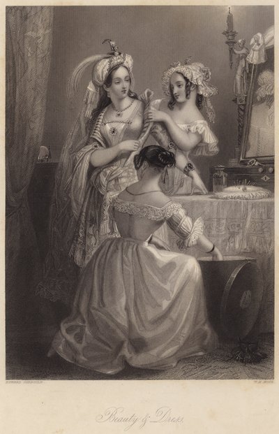 Skönhet och klänning (gravyr) av Edward Henry (after) Corbould