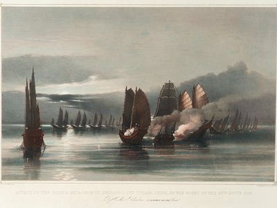 Attack mot piratskvadronen Chuiapoo utanför Tysami i Kina natten till den 28 september 1849 av HMS Columbine, J C Dalrymple Hay, Esqr, Commr, ca 1849 (tryck, litografi, kolorerad) av Edward Hodges Cree
