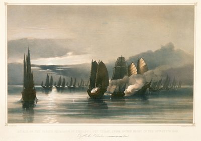 Attack mot pirateskadren Chuiapoo utanför Tysami, Kina, 28 september 1849, mitten av 1800-talet (litografi) av Edward Hodges Cree