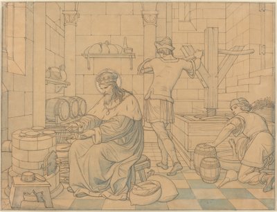 Saint Wenzel Cooking Hosts as Two Youths Press Wine av Edward Jakob von Steinle