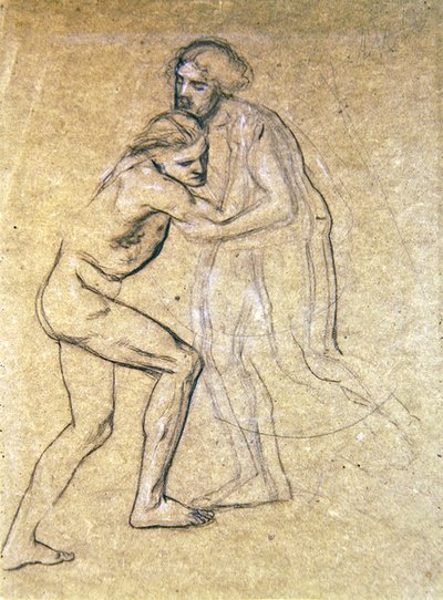 Studie av två nakna män som omfamnar för The Prodigals Return, 1869 (krita på papper) av Edward John Poynter