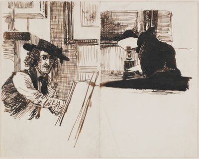 Whistler-teckning Poynter, bakifrån av en man som sitter vid ett bord nära en upplyst lampa, 1860. av Edward John Poynter