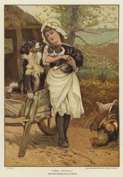 En ung flicka håller en katt i famnen bredvid en hund (färg litho) av Edward Killingworth Johnson