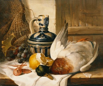 En gräsand, en kanna, en skalad citron, vindruvor och räkor på draperad avsats, av Edward Ladell