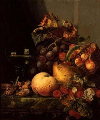 Ett stilleben av ett glas vin, körsbär och annan frukt på en avsats av Edward Ladell