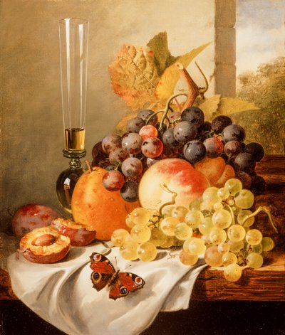Frukt på en draperad avsats med en röd amiral (olja på duk) av Edward Ladell