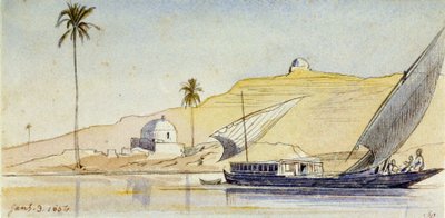 En stor egyptisk fellucca på Nilen (Egypten), framför de branta stränderna, med en palm och två vita marabouter, som accentuerar ökenaspekten av landskapet av Edward Lear