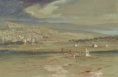 En vy över staden Hebron med kameler och figurer i förgrunden av Edward Lear