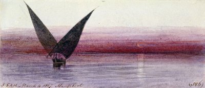 En egyptisk båt på Nilen i Manfaloot (Egypten). Akvarellteckning i färg av Edward Lear