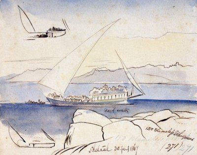 En egyptisk dhow på Nilen, nära Shetaal (Egypten). Akvarellteckning i färg av Edward Lear