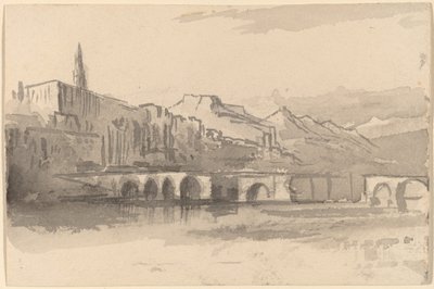 Bro med berg i fjärran Ventimiglia, 18841885. av Edward Lear