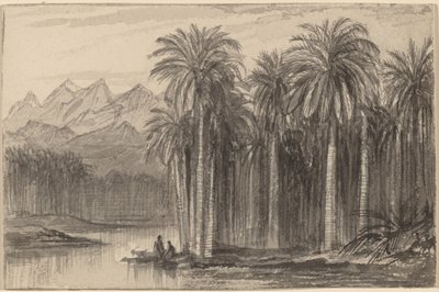 Figurer som ger sig ut i kanoter från en palmlund (Wady Feiran) av Edward Lear