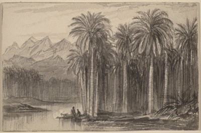 Figurer som ger sig iväg i kanoter från en palmlund (Wady Feiran) av Edward Lear