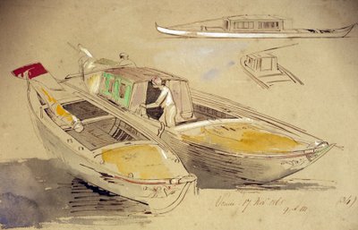 Studier av venetianska båtar, på stranden. Akvarellteckning i kolorit, av Edward Lear (1812-1888). av Edward Lear