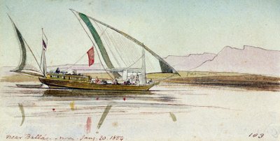 Studie av gyassi (egyptisk båt), på Nilen nära Ballas (Egypten). Akvarellteckning i färg av Edward Lear