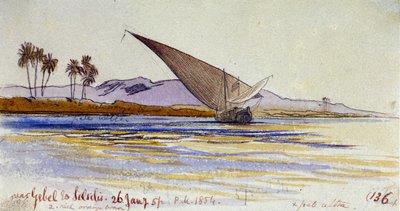 Nilens strand (Egypten), med palmer och gyassi som vetter mot stranden, nära Gebel el Silsileh. Akvarellteckning i färg av Edward Lear