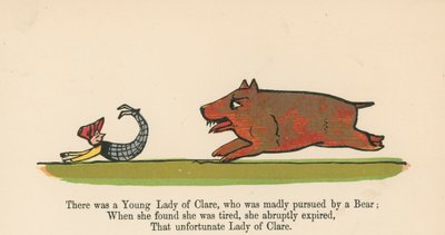 Det fanns en ung dam av Clare, som blev galet förföljd av en björn från "A Book of Nonsense", utgiven av Frederick Warne and Co., London, ca 1875 av Edward Lear