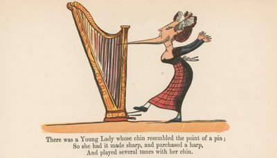 Det fanns en ung dam vars haka liknade spetsen på en nål, från "A Book of Nonsense", utgiven av Frederick Warne and Co., London, ca 1875 av Edward Lear