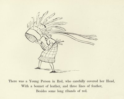 Det fanns en rödklädd ung person som noggrant täckte sitt huvud. av Edward Lear