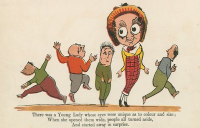 Det fanns en ung dam vars ögon var unika vad gäller färg och storlek, från "A Book of Nonsense", utgiven av Frederick Warne and Co., London, ca 1875 av Edward Lear